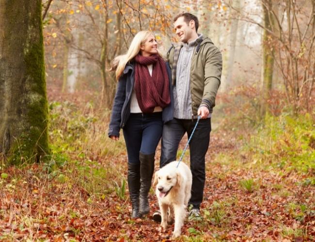 Pet owner feeling happy while walking their dog