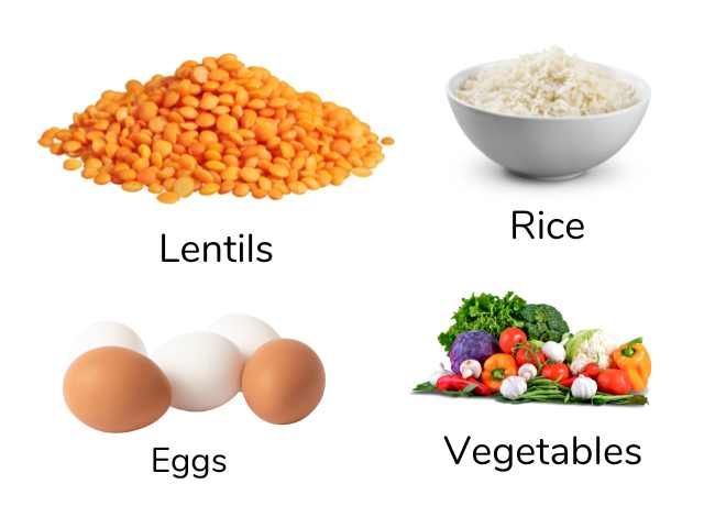 Ingredients for Khichdi like eggs, rice, lentils and vegetables