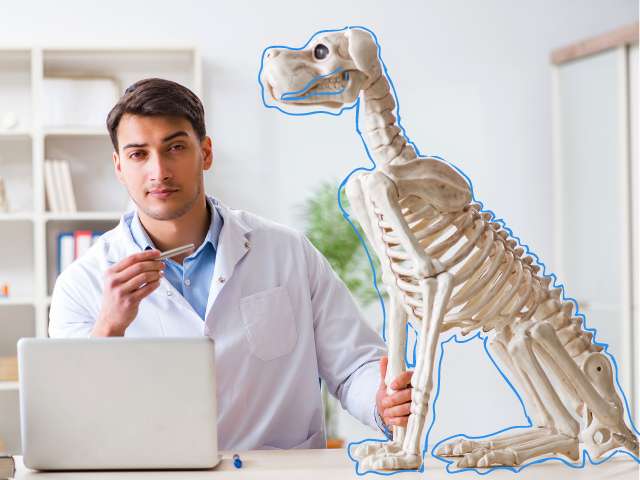 A veterinary doctor Sitting in his clinic with skeleton of Dog
