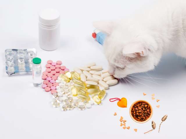 Supplements and Treats are laying on the floor and dog smelling those.